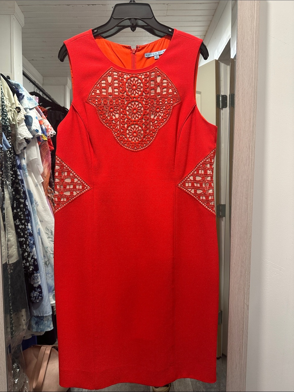 ANTONIO MELANI Orange-Red Sleeveless Embroidered Sheath Dress